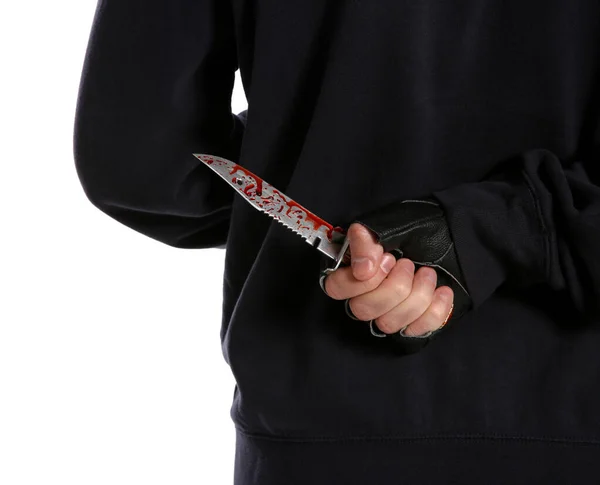 Homme Avec Couteau Sanglant Derrière Dos Sur Fond Blanc Gros — Photo