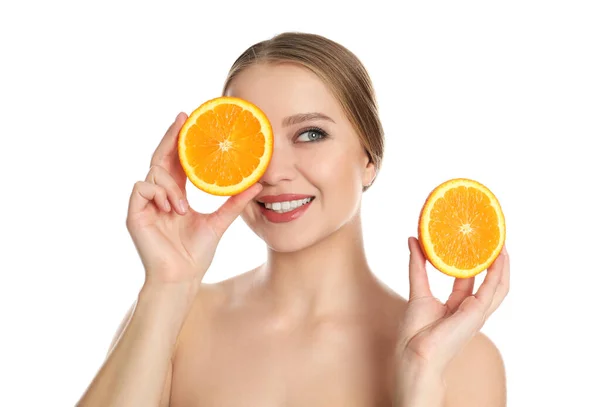 Young Woman Cut Orange White Background Vitamin Rich Food — Stock Photo, Image