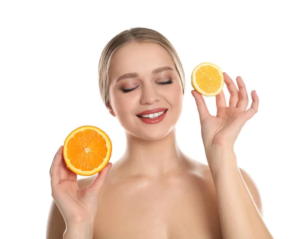 Young Woman Cut Orange Lemon White Background Vitamin Rich Food — Stock Photo, Image