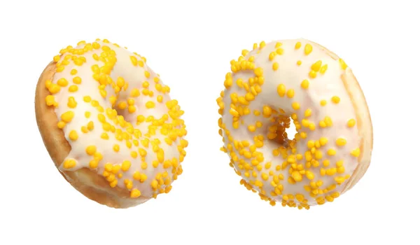Colagem Com Deliciosos Donuts Envidraçados Fundo Branco — Fotografia de Stock
