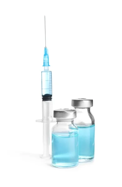 Frascos Para Injetáveis Seringa Sobre Fundo Branco Vacinação Imunização — Fotografia de Stock
