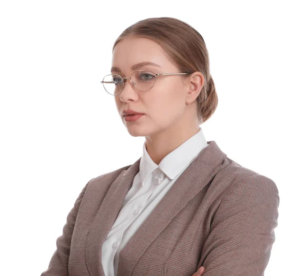 Retrato Jovem Empresária Fundo Branco — Fotografia de Stock