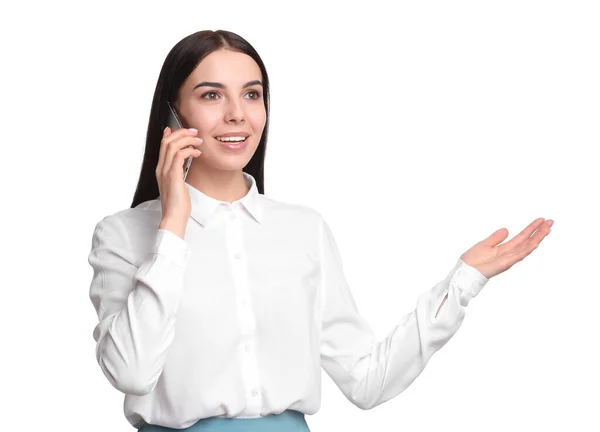 Joven Empresaria Hablando Por Teléfono Móvil Sobre Fondo Blanco — Foto de Stock