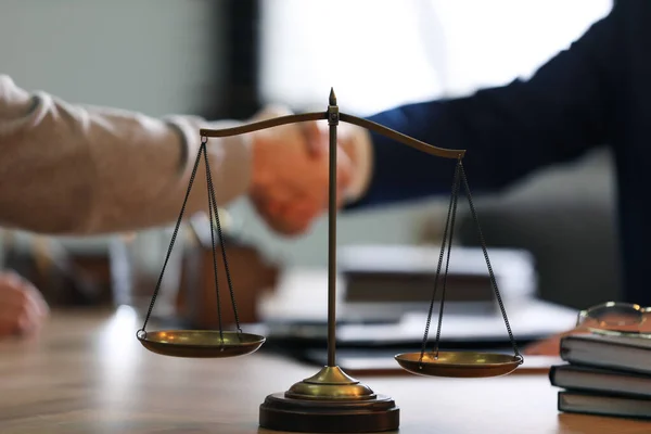 Male Lawyer Shaking Hands Client Office Focus Scales Justice — Stock Photo, Image