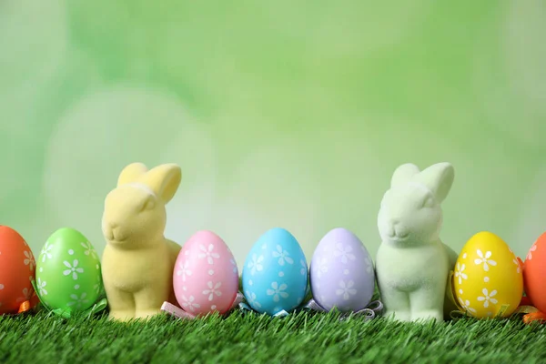 Easter Bunnies Painted Eggs Green Grass — Stock Photo, Image