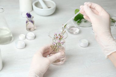 Laboratuvarda kozmetik ürünü geliştiren bir bilim adamı.