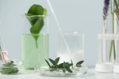 Bitkisel kozmetik ürünleri, laboratuvar camları ve beyaz masadaki malzemeler.