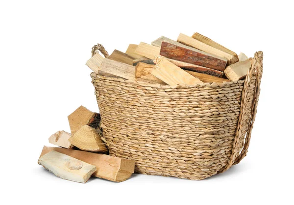 Wicker Basket Cut Firewood Isolated White — Stock Photo, Image