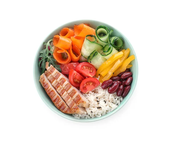 Ízletes Rizs Babbal Hússal Zöldséggel Fehér Felülnézetből — Stock Fotó