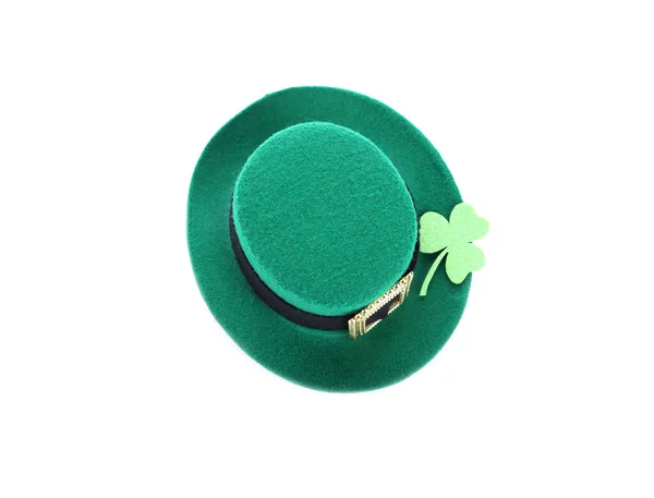 Cappello Leprecano Verde Con Foglia Trifoglio Isolato Bianco Vista Dall — Foto Stock