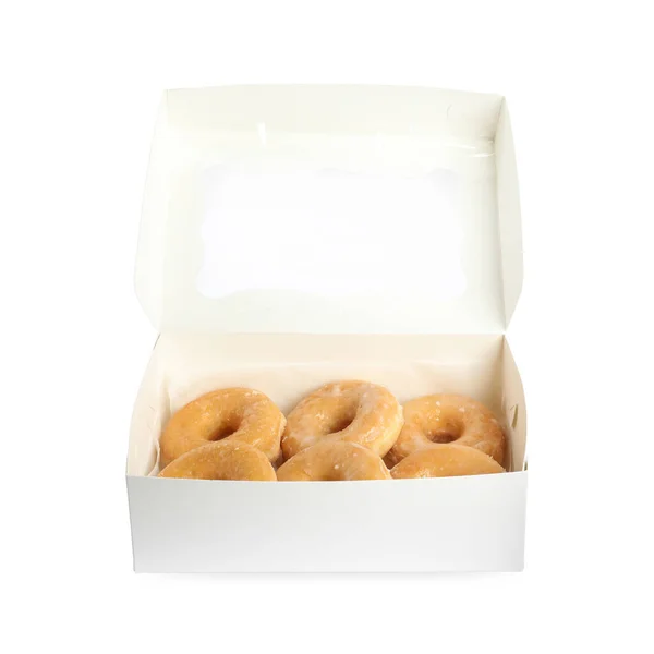 Deliciosas Rosquillas Caja Aisladas Blanco — Foto de Stock