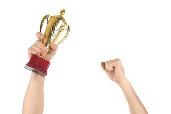 Man Holding Gold Trophy Cup White Background Closeup — Stock Photo, Image