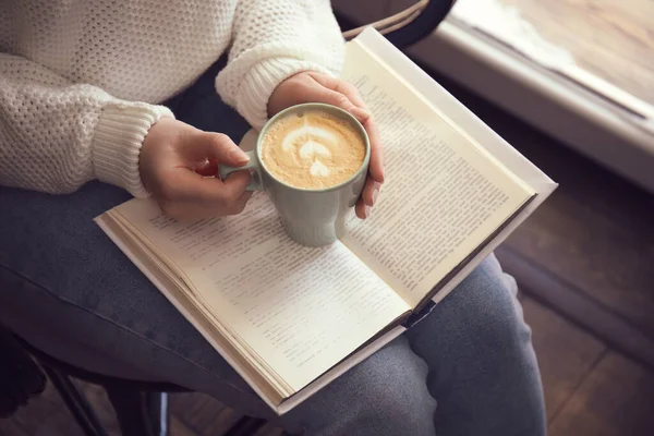 Woman Cup Coffee Reading Book Indoors Closeup — Stock Photo, Image
