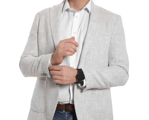 Businessman Jacket Posing White Background Closeup — Stock Photo, Image