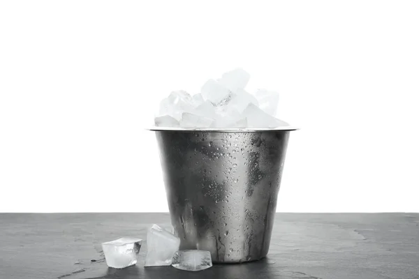 Metal Bucket Ice Cubes Table White Background — Stock Photo, Image