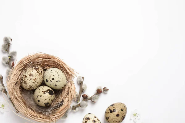 Beyaz Arka Planda Bıldırcın Yumurtaları Olan Düz Kompozisyon Metin Için — Stok fotoğraf
