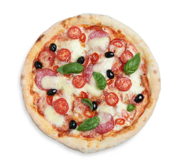 Pyszna Pizza Diablo Odizolowana Białym Górnym Widoku — Zdjęcie stockowe