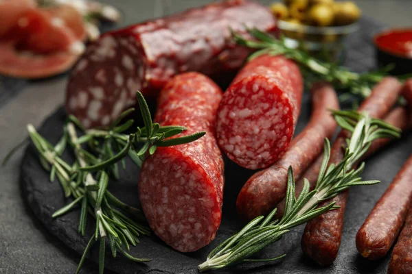 Different Types Sausages Served Grey Table Closeup Stock Image