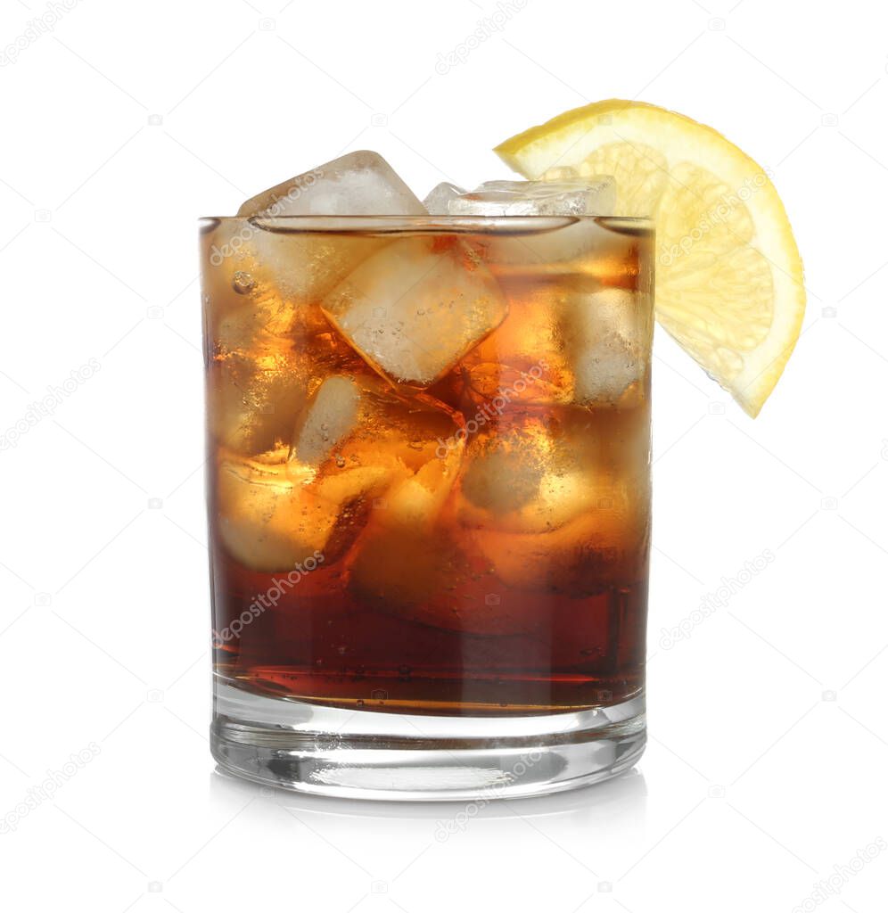 Tasty cola with ice cubes and lemon isolated on white