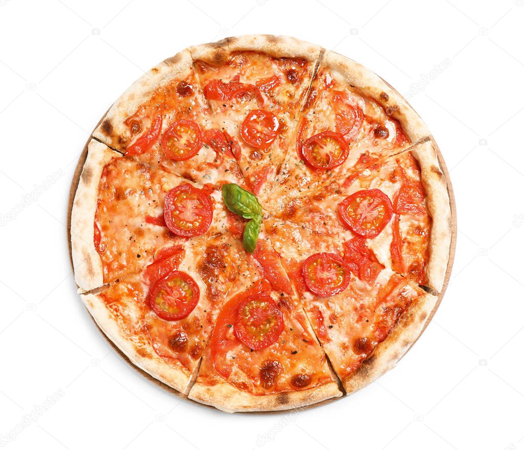 Delicious hot pizza Margherita isolated on white, top view