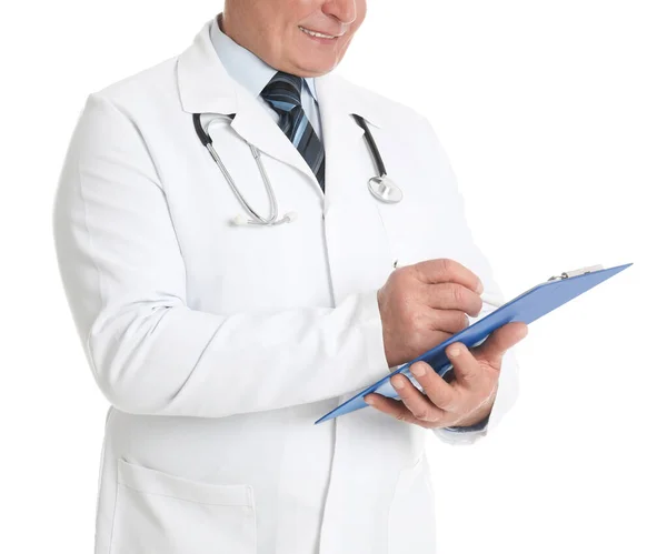 Senior Doctor Clipboard White Background Closeup — 스톡 사진