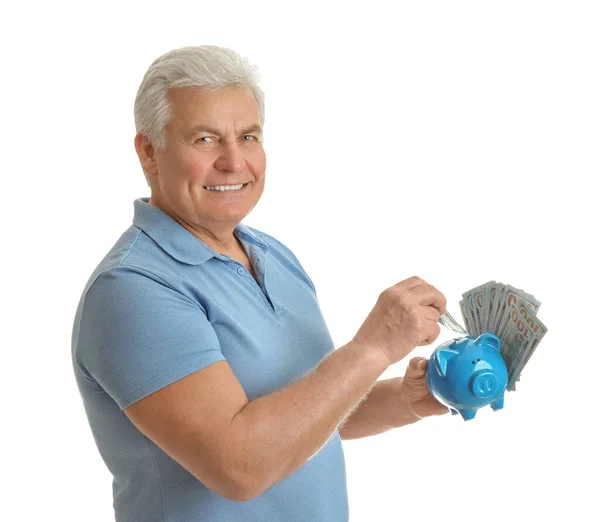 Happy Senior Man Cash Money Piggybank White Background — Stock Photo, Image