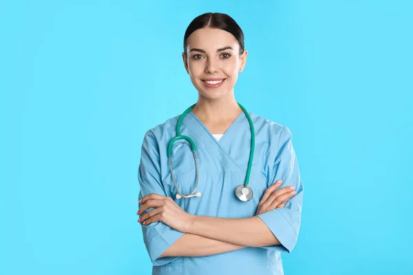 Portrait Young Doctor Stethoscope Blue Background — Stock Photo, Image