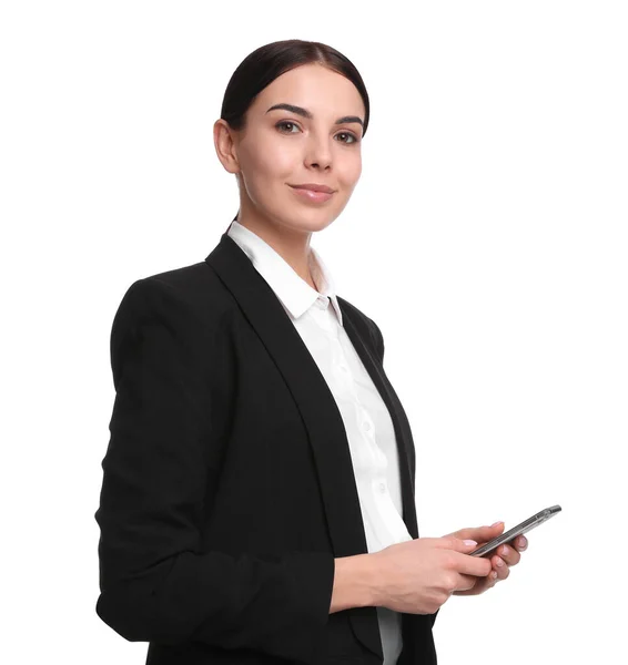 Young Businesswoman Mobile Phone White Background — Stock Photo, Image