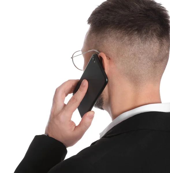 Affärsman Glasögon Talar Smartphone Mot Vit Bakgrund — Stockfoto