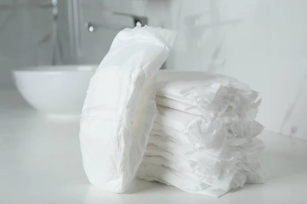 Stack Baby Diapers Counter Bathroom — Stock Photo, Image