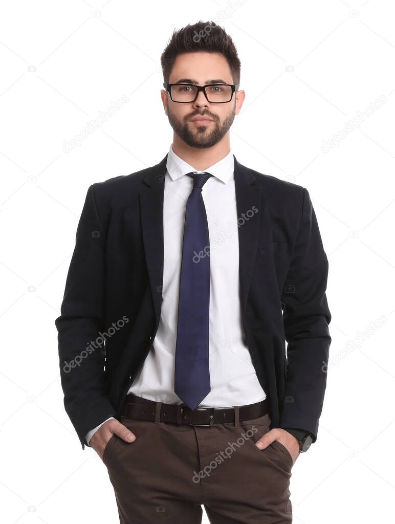 Portrait of young businessman on white background