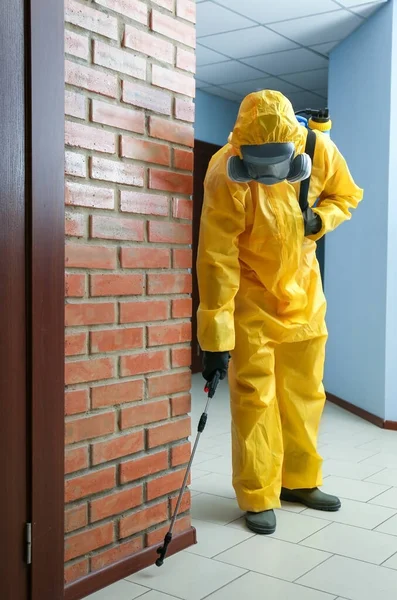 Trabajador Control Plagas Traje Protector Rociando Pesticidas Interiores — Foto de Stock
