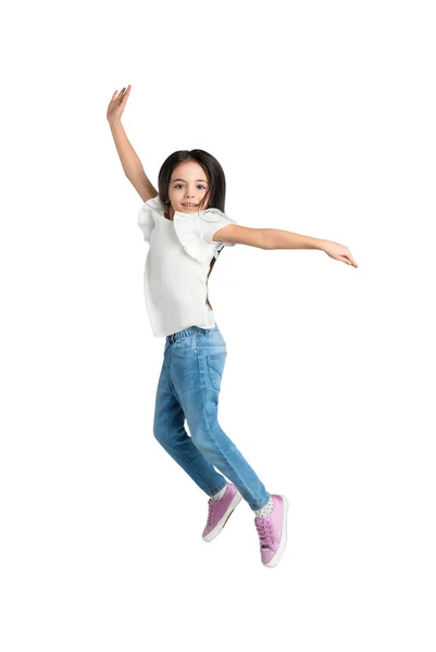 Милая Маленькая Девочка Прыгает Светло Сером Фоне — стоковое фото