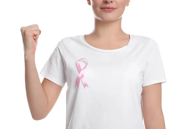 Woman Pink Ribbon White Background Closeup Breast Cancer Awareness — Stock Photo, Image