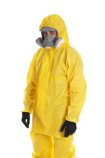 Man wearing chemical protective suit on white background. Prevention of virus spread