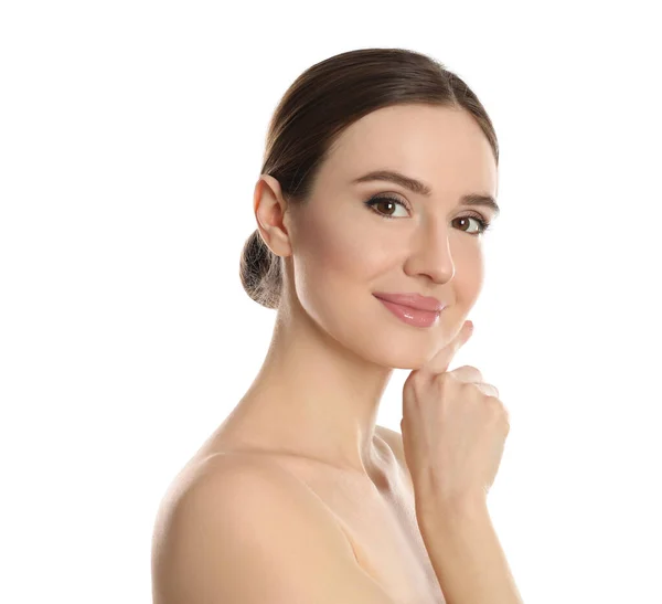 Retrato Mulher Jovem Com Rosto Bonito Fundo Branco — Fotografia de Stock