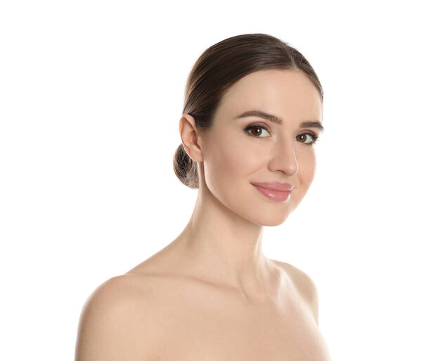 Portrait of young woman with beautiful face on white background