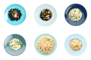 Beyaz arka planda leziz rissotos kolajı, üst görünüm