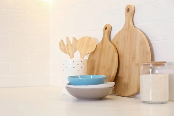 Tableros Madera Diferentes Artículos Cocina Encimera Interior — Foto de Stock