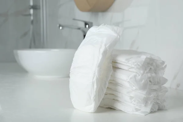 Stack Baby Diapers Counter Bathroom — Stock Photo, Image