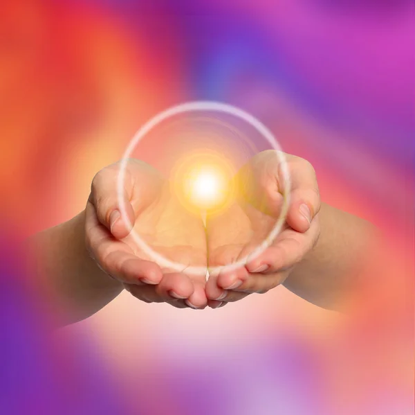 Woman Holding Concentrated Healing Energy Her Hands Closeup — Stock Photo, Image