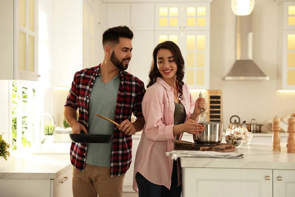 Lovely Young Couple Cooking Together Kitchen — Stock Photo, Image
