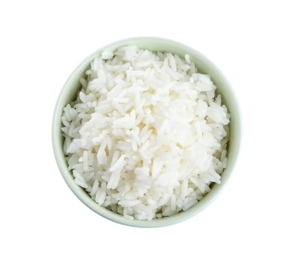 Mísa Vařenou Rýží Izolované Bílém Horní Pohled — Stock fotografie