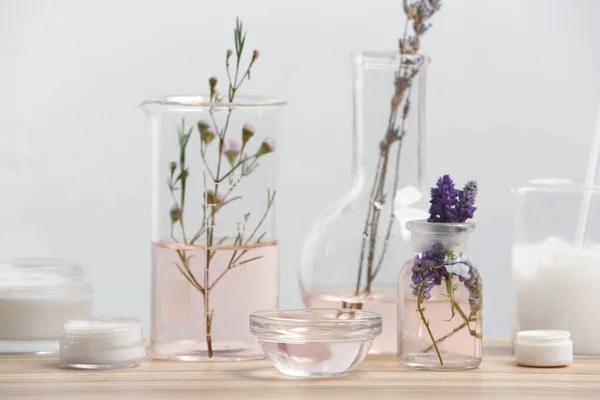 Növényi Kozmetikai Termékek Laboratóriumi Üvegáruk Összetevők Fából Készült Asztalon — Stock Fotó