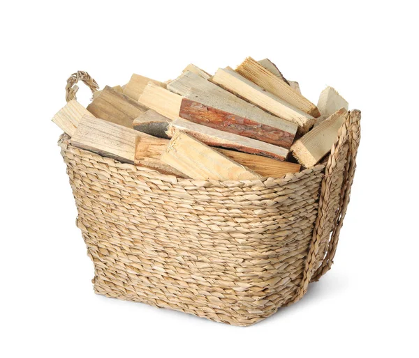 Wicker Basket Cut Firewood Isolated White — Stock Photo, Image