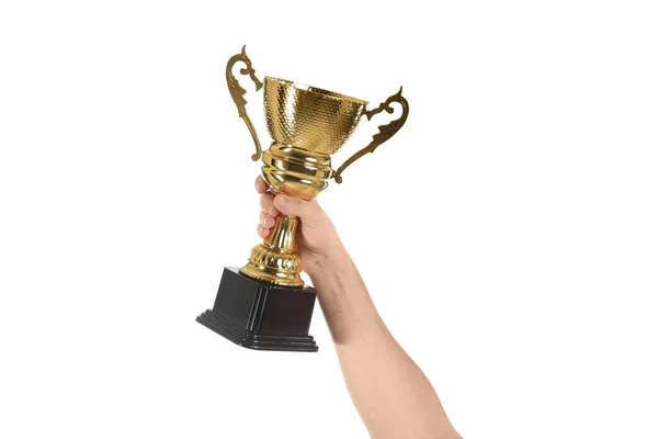 Man Holding Gold Trophy Cup White Background Closeup — Stock Photo, Image