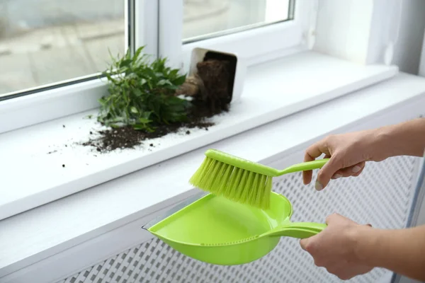 Kadın Pencereyi Evdeki Topraktan Temizliyor Yakın Plan — Stok fotoğraf