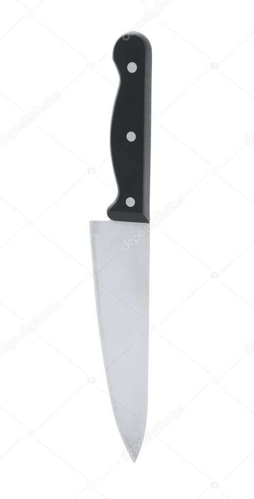 Clean shiny metal knife isolated on white, top view