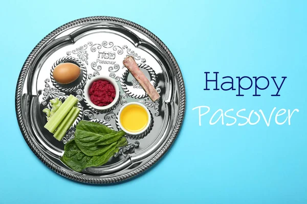 Passover Seder Πιάτο Keara Συμβολική Γεύμα Γαλάζιο Φόντο Πάνω Άποψη — Φωτογραφία Αρχείου