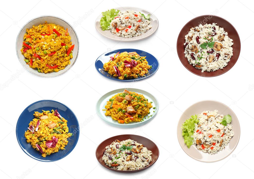 Collage of delicious pilaf with different ingredients on white background